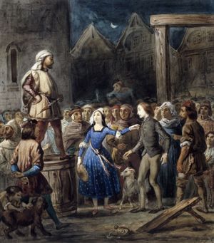 에스메랄다는 남편으로 피에르 갱고르를 선택하여 그의 생명을 구한다. 루이 불랑제의 그림 ( 1831).