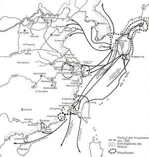 1555년 왜구의 침입 경로를 보여주는 지도