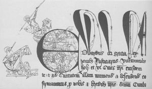 칼라일에 수여된 왕실 헌장의 세부 사항으로, 도시 수비대가 발리스타를 조작하는 모습을 보여준다.