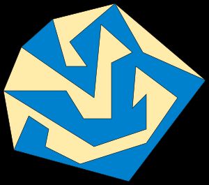 단순 다각형(파란색)의 볼록 껍질(파란색과 노란색)