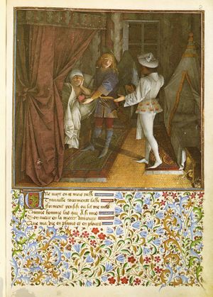 병든 왕의 마음에 사랑을 주고 품을 그린 'Le Livre du Cuer d'amours espris'에서 바르텔르미 데위크 또는 그 후의 미니아튀르