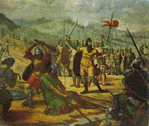 칸 아스파루흐가 다뉴브강을 건너 모에시아에 정착하는 모습 (니콜라이 파블로비치, 19세기경 그림)