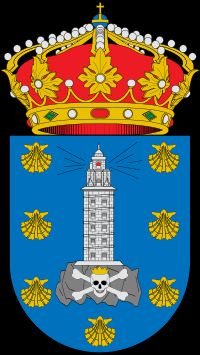 코루냐의 문장. 1448년부터 탑 기단에 게리온의 해골이 등장한다.