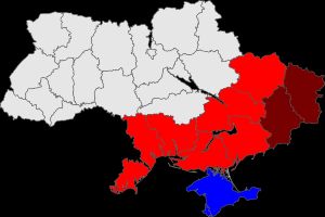 노보로시야가 명목상 통제하는 지역(짙은 빨강), 노보로시야가 주장하는 지역(빨강), 러시아 연방에 병합된 크림반도(파랑).