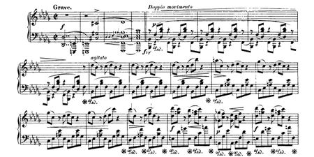 요하네스 브람스(1878)가 편집한 Breitkopf & Härtel판. 이 판에는 Doppio movimento에서 뒤로 가는 반복 기호가 없으므로 제시부의 반복은 Grave에서 시작해야 함을 나타낸다.