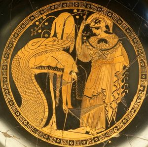 아테나가 양털을 지키는 용으로부터 제이슨을 구출하는 모습 (두리스 컵, 기원전 480-470년, 체르베테리 출토)