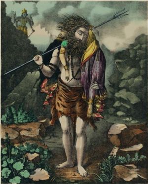 시바가 사티의 시신을 들고 있는 모습, 비슈누의 수다르샤나 차크라가 뒤따름, 19세기 석판화.