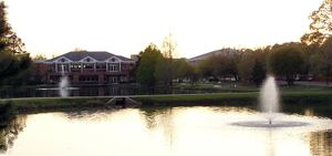 웰스 호수와 루비(왼쪽)의 일몰, 정보 기술 대학(나무 뒤로 옥상 보임)