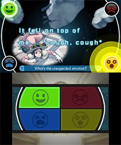 역전재판 5는 증언에서 상충되는 감정을 찾는 "무드 매트릭스"를 도입했다. (왼쪽 상단)