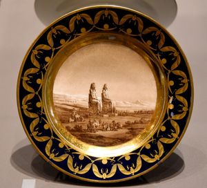 이집트 룩소르의 아멘호테프 3세 조각상을 보여주는 판화. 나폴레옹이 조세핀에게 선물로 의뢰했지만 그녀는 거절했다. 프랑스, 빅토리아 앤드 앨버트 박물관, 런던