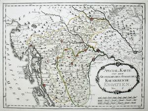 오스트리아 지도 제작자 프란츠 J.J. 폰 라일리가 1791년에 제작한 지도에 나타난 크로아티아 왕국 (오스만 제국이 점령한 녹색 표시 영토 포함)