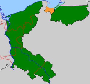 구 단치히 자유시 (주황색)와 다른 "수복 지역" (녹색)의 위치