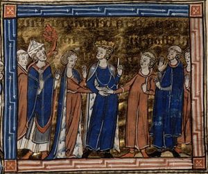 젊은 왕관을 쓴 남자(주교와 성직자들에 둘러싸여)가 젊은 여성과 남성의 손을 잡고 있다