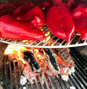 장작 난로에서 굽는 파프리카