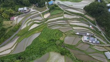 이시다의 다나다(석전의 다나다). 아와지섬은 만성적인 물 부족을 해결하기 위해 수많은 저수지가 만들어졌다. 저수지와 다나다, 세토 내해(하리마나다)가 일체가 된 경관은 아와지섬 북부 특유의 경관을 형성하고 있다.