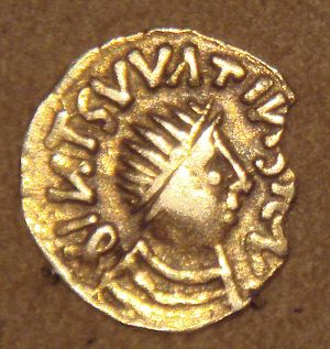 프랑크 금화 트레미스, 비잔틴 제국의 트레미시스 모방, 6세기 중반.