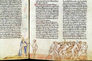 단테와 베르길리우스가 소도미 사람들을 심문하는 모습, Guido da Pisa의 신곡 주석,