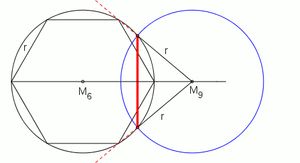 정구각형, 아르키메데스에 따른 각 삼등분을 사용하여 육각형을 기반으로 한 뉴시스 작도법