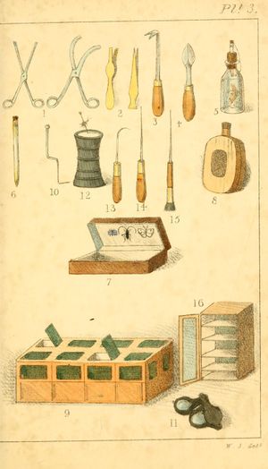 Fig. 1 Pincher forceps、Fig. 2 Pliers、Fig. 3 A digger、Fig. 4 A bark knife、Fig. 5 A phial、Fig. 6 A quill、Fig. 7 A pocket collecting box、Fig. 8 A pocket larvae box、Fig. 9 Breeding cage、Fig. 10 A bent pin、Fig. 11 Pocket lens、Fig. 12 A stand、Fig. 16 Setting board cases