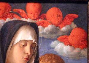 조반니 벨리니의 1485년작 붉은 케루빔의 성모 세부 묘사 성모자와 아기 천사들