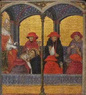 타데오 디 바르톨로의 성 토마스 아퀴나스가 교황 우르바노 4세에게 성체 축일의 전례를 바치는 모습(1403)