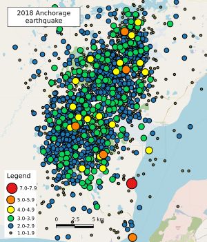 2018년 앵커리지 지진과 여진의 지도.