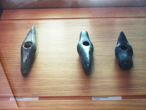 투르뉘 (프랑스 소네-에-루아르)의 오텔-디외 컬렉션에 있는 광택이 있는 녹색 암석으로 만든 돌 도끼 머리. 손 강에서 발견됨.