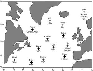 북대서양 해역의 기상 관측선 위치
