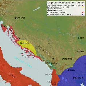 기원전 2세기 전반 달마타이 (노란색)가 통제한 영토.