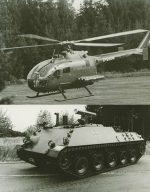 다양한 플랫폼에 시연된 HOT 미사일 시스템: MBB Bo 105 경헬리콥터와 궤도형 라케텐야크트판처 1 장갑 대전차 자주포