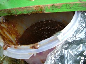 단맛 루작 소스. 팜 설탕, 타마린드, 땅콩, 고추로 만듦.