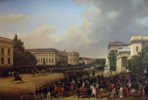 프란츠 크뤼거의 1830년 작품 베를린 오페라 광장의 퍼레이드. 노이에 바헤는 오른쪽에 있다.