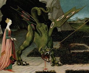 부브르 혹은 와이번이 성 게오르기우스에게 창으로 찔리는 모습.