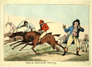 토마스 로울런드슨의 승리 탈출: 탈출의 다리는 가터 훈장의 좌우명으로 묶여 있고, 그의 기수는 그를 제지하는 모습으로 묘사되어 있다.