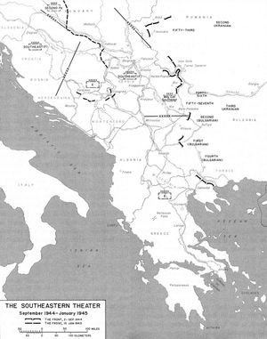 1944년 9월 - 1945년 1월 발칸 군사 극장의 지도.