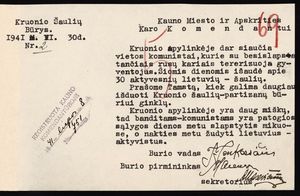 리투아니아 사격 연맹 소속원들이 크루오니스에서 지역 주민들을 공포에 떨게 하는 공산주의자 및 소련군에 맞서 싸울 더 많은 무기를 요청하는 모습.