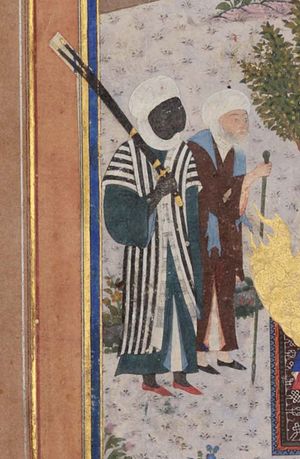 빌랄(왼쪽)과 무함마드의 다른 동료가 15세기 초 그림인 무사 바 '우지에 묘사되어 있다.