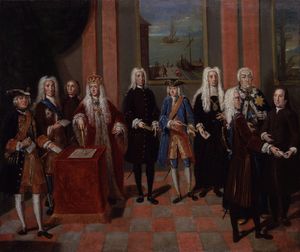 요한 발렌틴 하이트(Johann Valentin Haidt)의 초상화에 묘사된 모라비안 교회 구성원들과 조지 2세(George II), 1752-1754년경