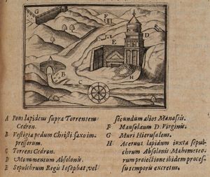 얀 반 코트윅, 예루살렘과 시리아의 여정의 folio: 다리 근처에 예수의 발자국이 있고, 압살롬의 기둥(오른쪽)과 배경에 있는 성모 마리아의 무덤이 있는 키드론 계곡. 앤트워프, 1619.