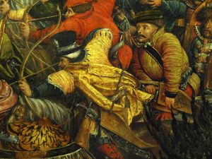 Кистень}}}}을 찬 리투아니아 후사르. 오르샤 전투 그림의 세부 묘사, 1520–1534