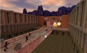 깃발 뺏기 맵 "2 요새]"에서 파란색 팀이 빨간색 기지를 공격하고 있다.