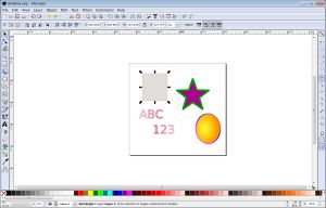 잉크스케이프 0.48.2, 사각형(선택 도구로 선택됨), 타원, 별 및 두 개의 텍스트 개체 표시