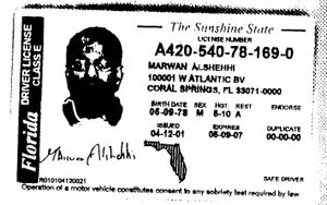 마르완 알셰히의 2001년 4월 4일에 발급된 플로리다 운전 면허증