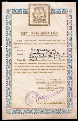 PKI 제거를 위한 기부금에 대한 슬레만 군주의 감사 증서