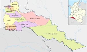 푸투마요 주의 지도. 흑점은 각 시의 시청 소재지를 나타낸다