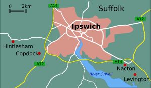 시신들의 위치. 모두 입스위치 주변의 다른 장소에서 발견되었다.