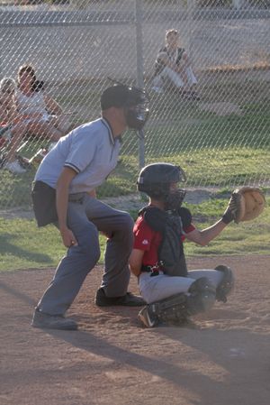 리틀 리그 베이스볼 경기에서 심판을 보는 자원 봉사자