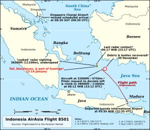 비행 경로 및 잔해 위치. 비행 경로(빨간색)는 Flightradar24의 범위로 제한되며, ATC 범위를 반영하지 않습니다.