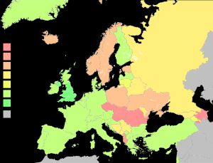 일반 인구를 대상으로 g/dL 단위로 정의된 유럽 국가의 혈중 알코올 농도 제한 지도