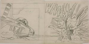 1963년 흑연 연필로 그린 Drawing for Whaam! , 1969년 테이트에 기증되었다. 이 그림은 원래 계획이 단일 통합 작품이었음을 보여준다.
